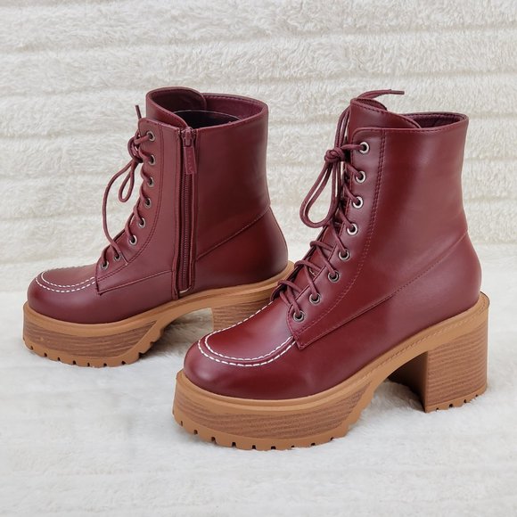 Light Weight Cherry Wine Wood Look Chunky Platform Combat Boots - Picture 6 of 10